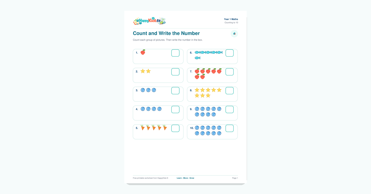 Year 1 Maths Counting to 10 Worksheet Preview – Page 1 of 5